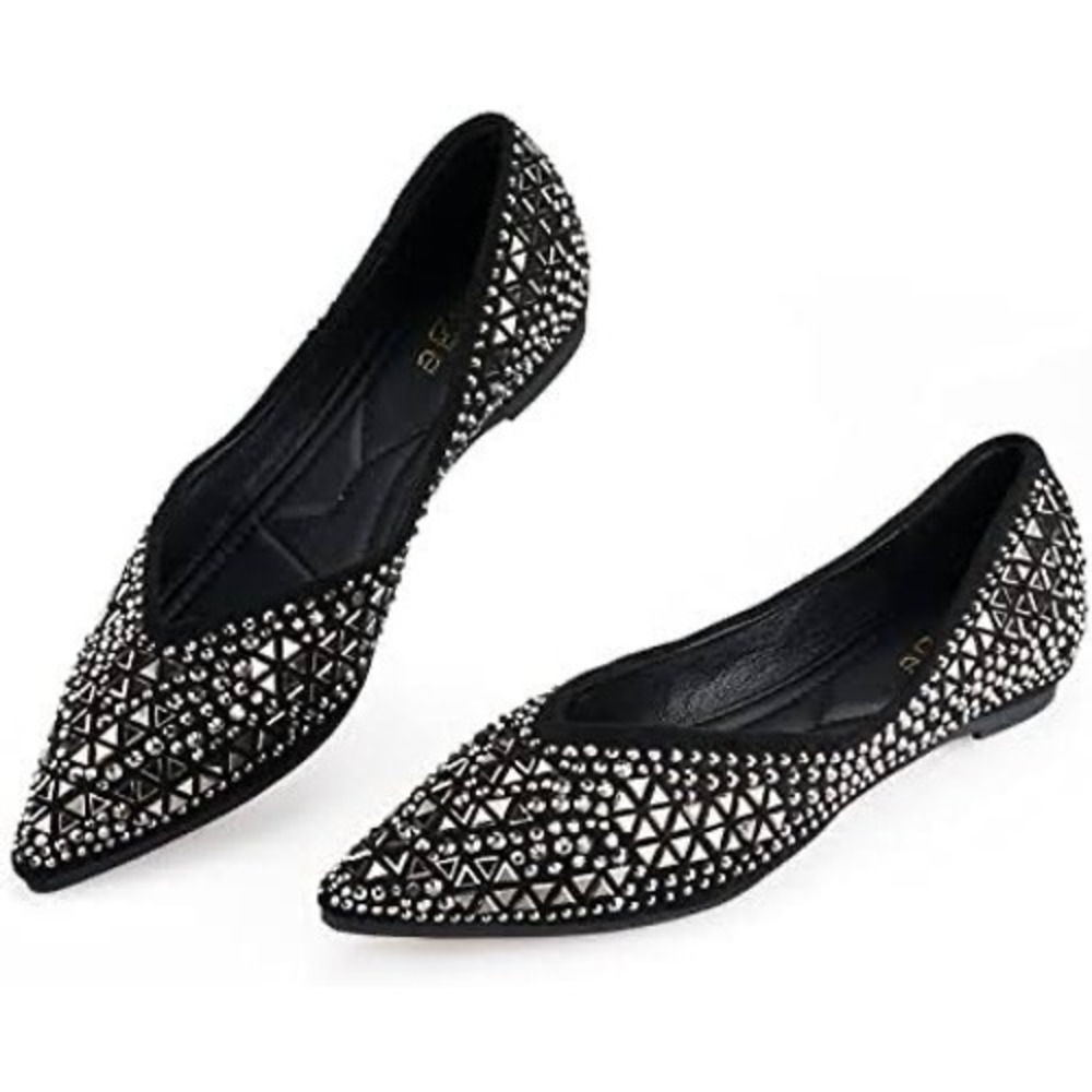 Liyuhanjialu Pointed Toe Ballet Flat Black Studded Rhinestone Size US 9.5 NIB